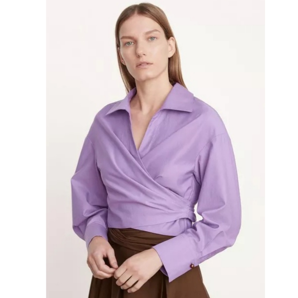VINCE. | Purple Tie Back Long Sleeve Collared Shirt - Picture 1 of 12